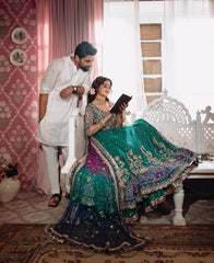 Dastaan-e-Ishq Heavy Zardozi Bridal Lehenga Choli in Emerald & Plum