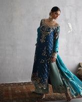 Royal Teal Hand-Embellished Raw Silk Pishwas with Cutwork Sleeves