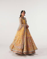 Hand-Embellished Yellow Net Bridal Pishwas & Lehenga Set