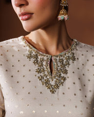 Ivory Zari Banarsi Kurta with Pastel Multi-Panel Kalidar Lehenga & Net Dupatta (3-Piece Luxury Festive Set)