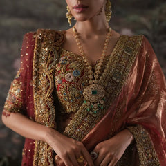 Crimson & Rust Zardozi Embroidered Tissue Saree Set