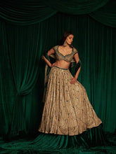 Champagne Gold and Emerald Green Bridal Lehenga – Hand-Embroidered Scallop Choli and Net Dupatta