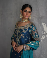Royal Teal Hand-Embellished Raw Silk Pishwas with Cutwork Sleeves