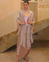 Champagne Tissue Silk Kaftan & Draped Saree Set – Embellished Two-Piece Evening Wear