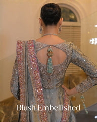 Silver Sage Zardozi Pishwas with Embellished Palazzo & Pink Dupatta