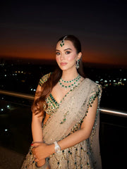 Champagne Gold and Emerald Green Bridal Lehenga – Hand-Embroidered Scallop Choli and Net Dupatta