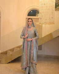 Silver Sage Zardozi Pishwas with Embellished Palazzo & Pink Dupatta