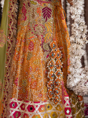 Gulnar Mehndi Lehenga – Mustard Orange Angrakha & Fuchsia Pink Bridal Lehenga Choli with Gota Work