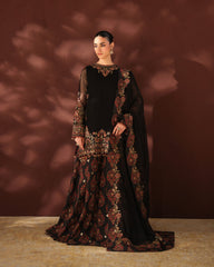 Midnight Black Embroidered Silk Kurta with Jamawar Lehenga & Organza Dupatta