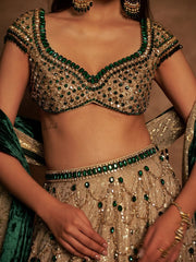 Champagne Gold and Emerald Green Bridal Lehenga – Hand-Embroidered Scallop Choli and Net Dupatta