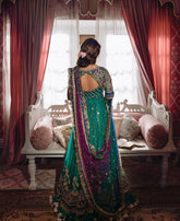 Dastaan-e-Ishq Heavy Zardozi Bridal Lehenga Choli in Emerald & Plum