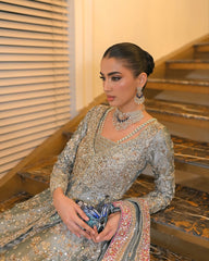 Silver Sage Zardozi Pishwas with Embellished Palazzo & Pink Dupatta