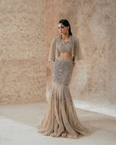 Hand-Embellished Nude Beige Mermaid Lehenga & Crop Top Set with Cape