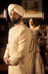Ivory Silk Sherwani with Gold Button Detailing