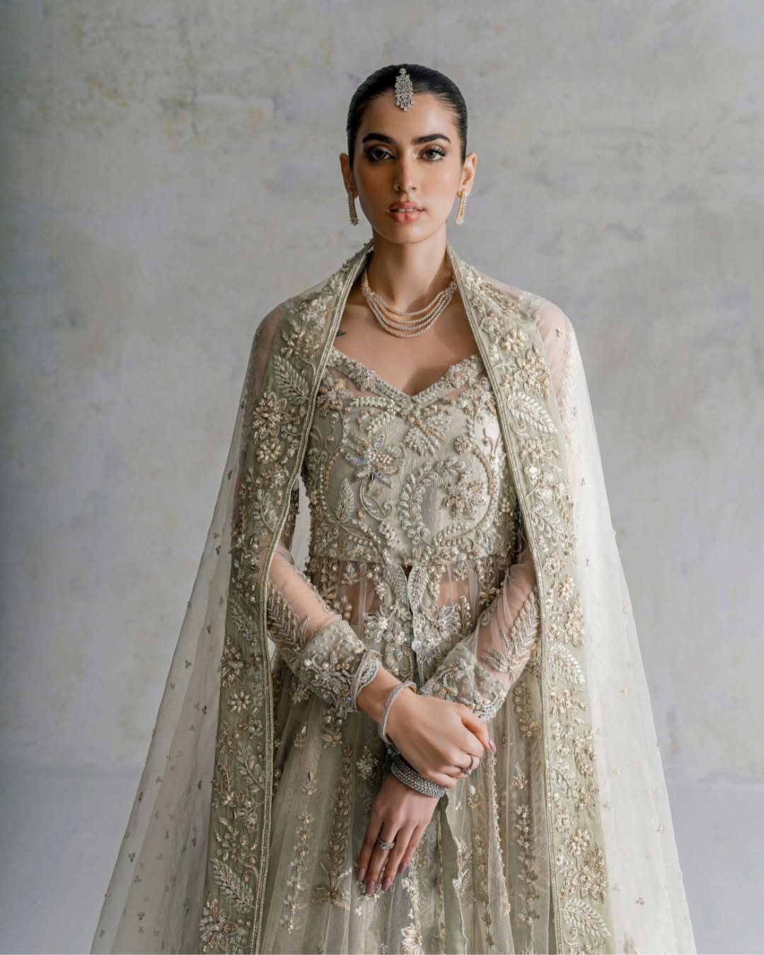 Mint Sage Hand-Embellished Bridal Pishwas Lehenga Set | Royal Bridal Couture