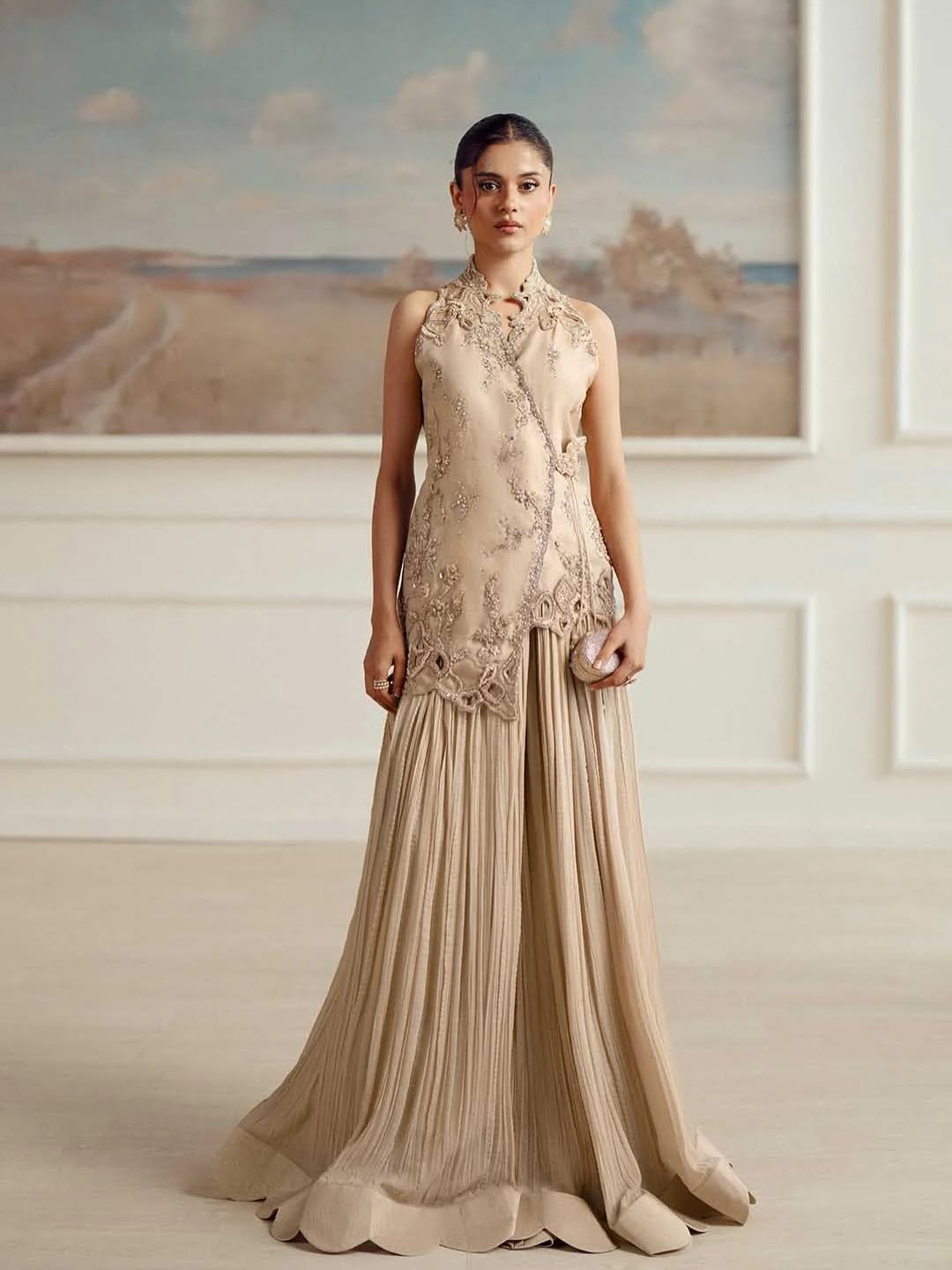 Pearl Dust – Embellished Halter Angrakha with Pleated Sharara