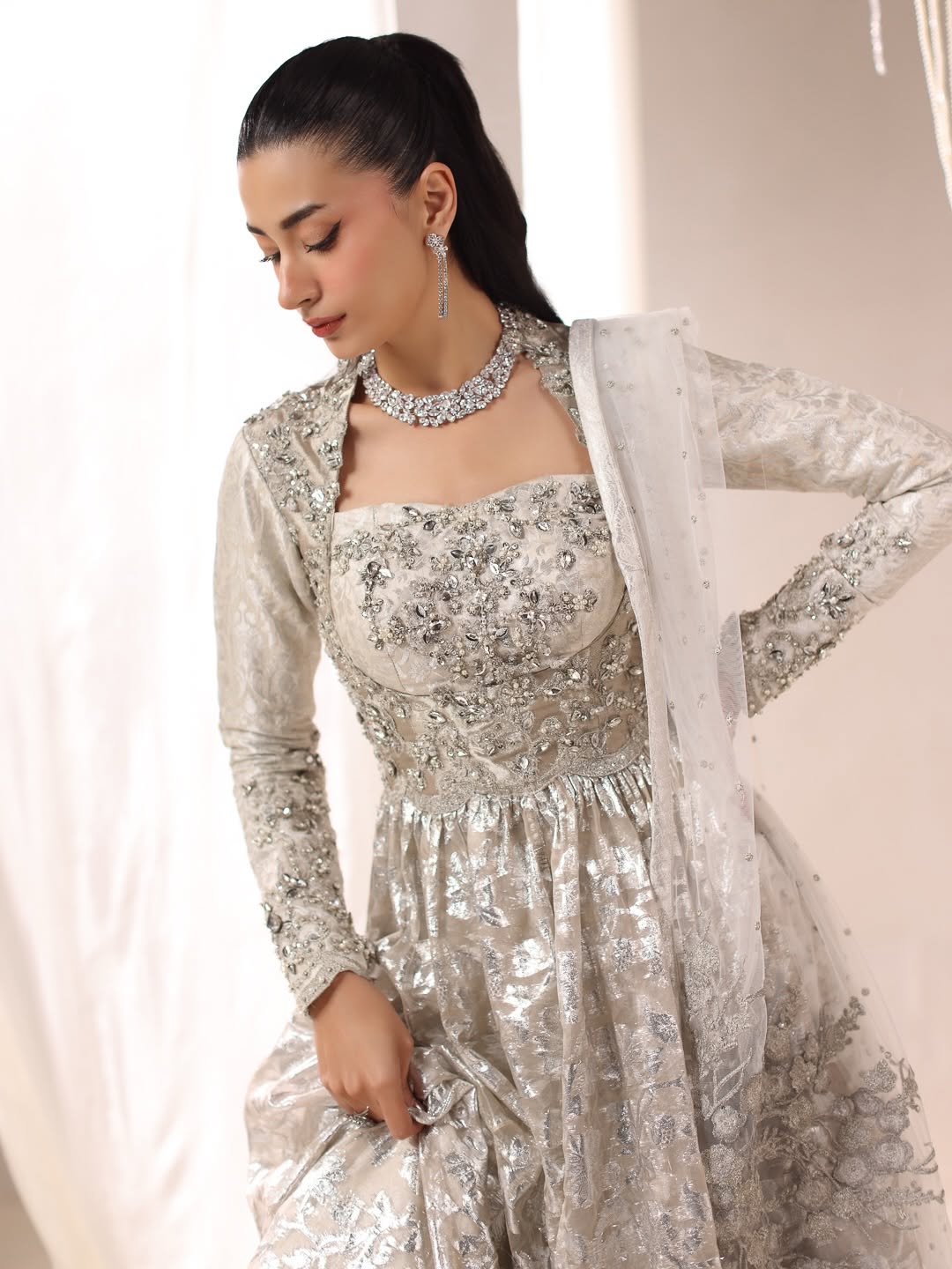 Silver Flora Peshwas & Lehenga Ensemble