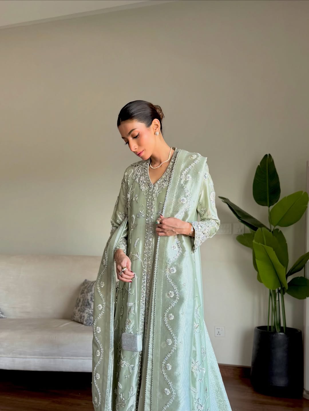 Aira – Mint Green Hand-Embroidered Tissue Formal Set