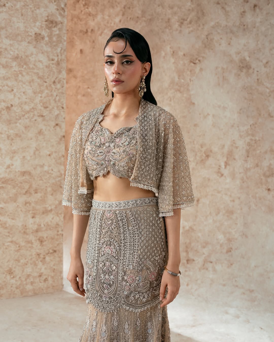 Hand-Embellished Nude Beige Mermaid Lehenga & Crop Top Set with Cape