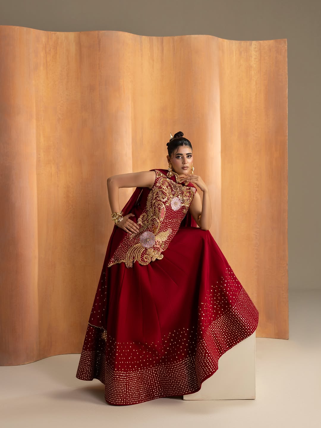 Asymmetric Hand-Embroidered Top with Sequined Maxi Skirt & Dupatta Set