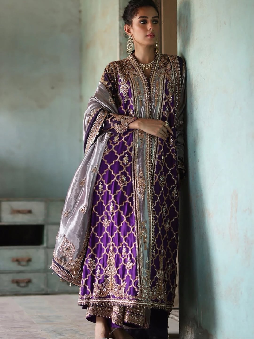 The Royal Aubergine & Silver Tissue 3-Piece Hand-Embellished Angrakha Set