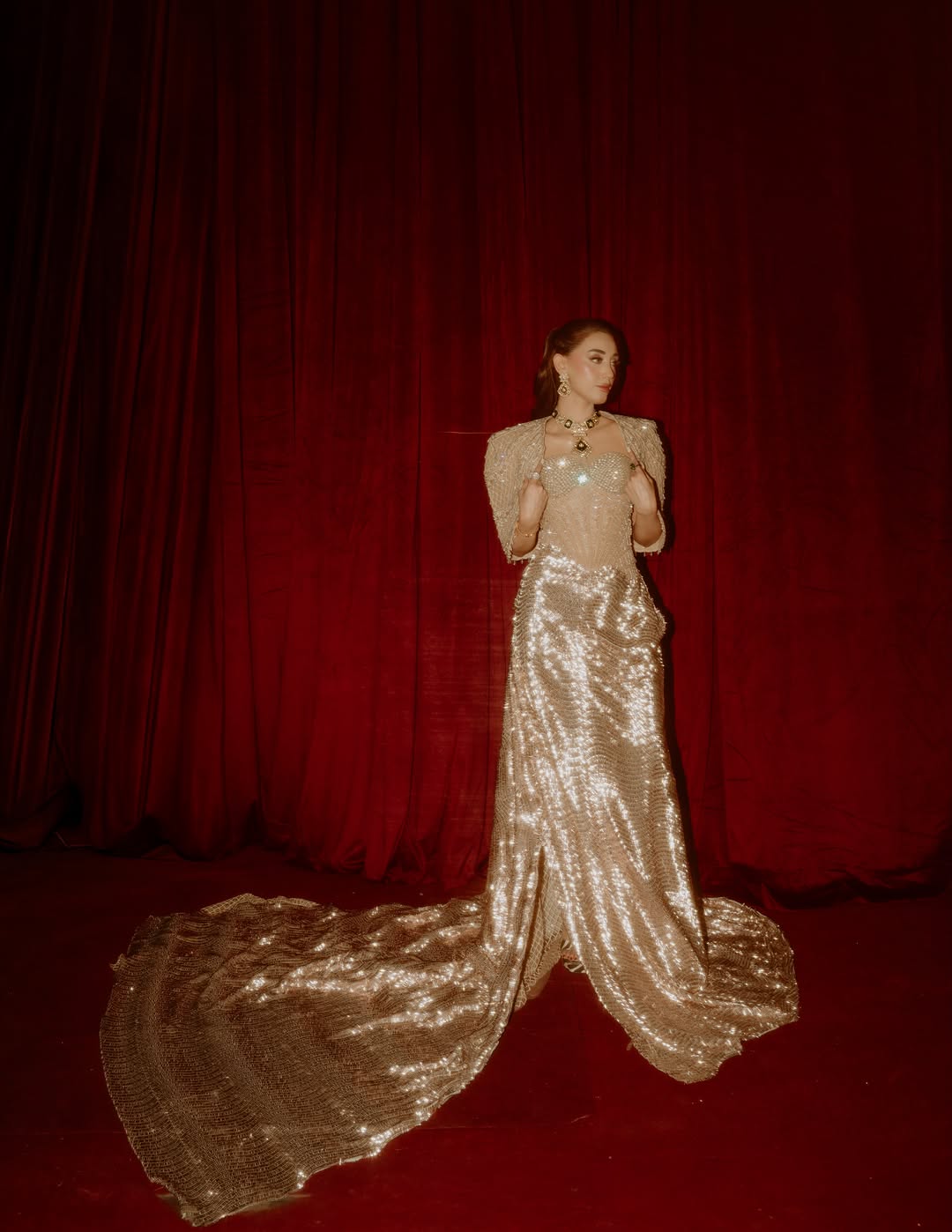 Metallic Gold Sequin Corset Gown with Cape Shrug