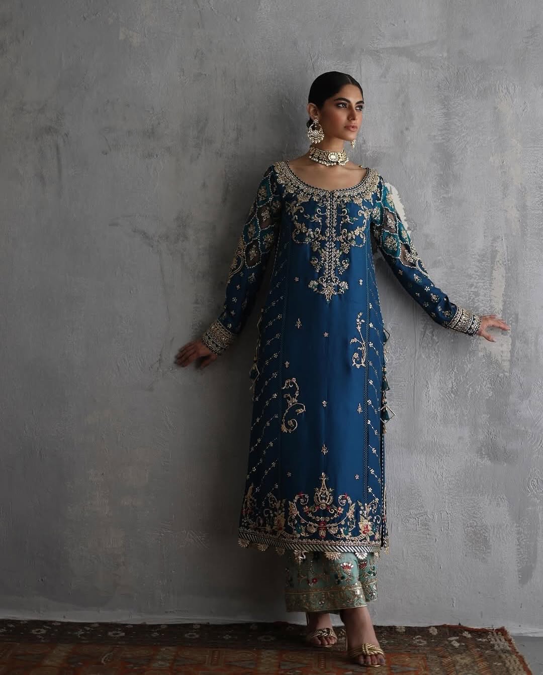 Royal Teal Hand-Embellished Raw Silk Pishwas with Cutwork Sleeves
