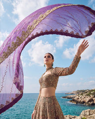 Luxury Hand-Embellished Pastel and Gold Bridal Lehenga – Traditional Zardozi Wedding Dress