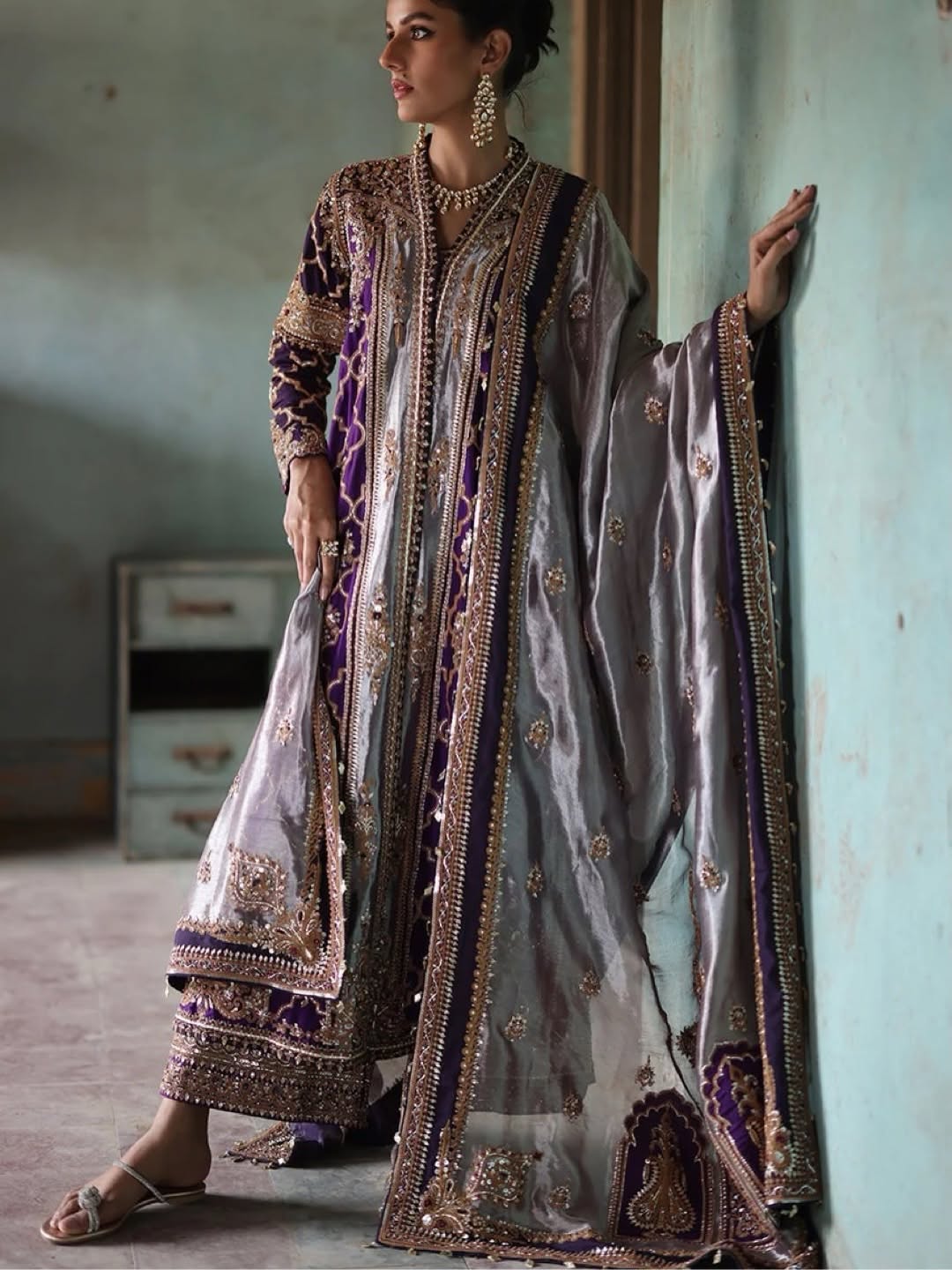 The Royal Aubergine & Silver Tissue 3-Piece Hand-Embellished Angrakha Set