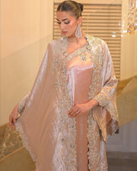 Champagne Tissue Silk Kaftan & Draped Saree Set – Embellished Two-Piece Evening Wear