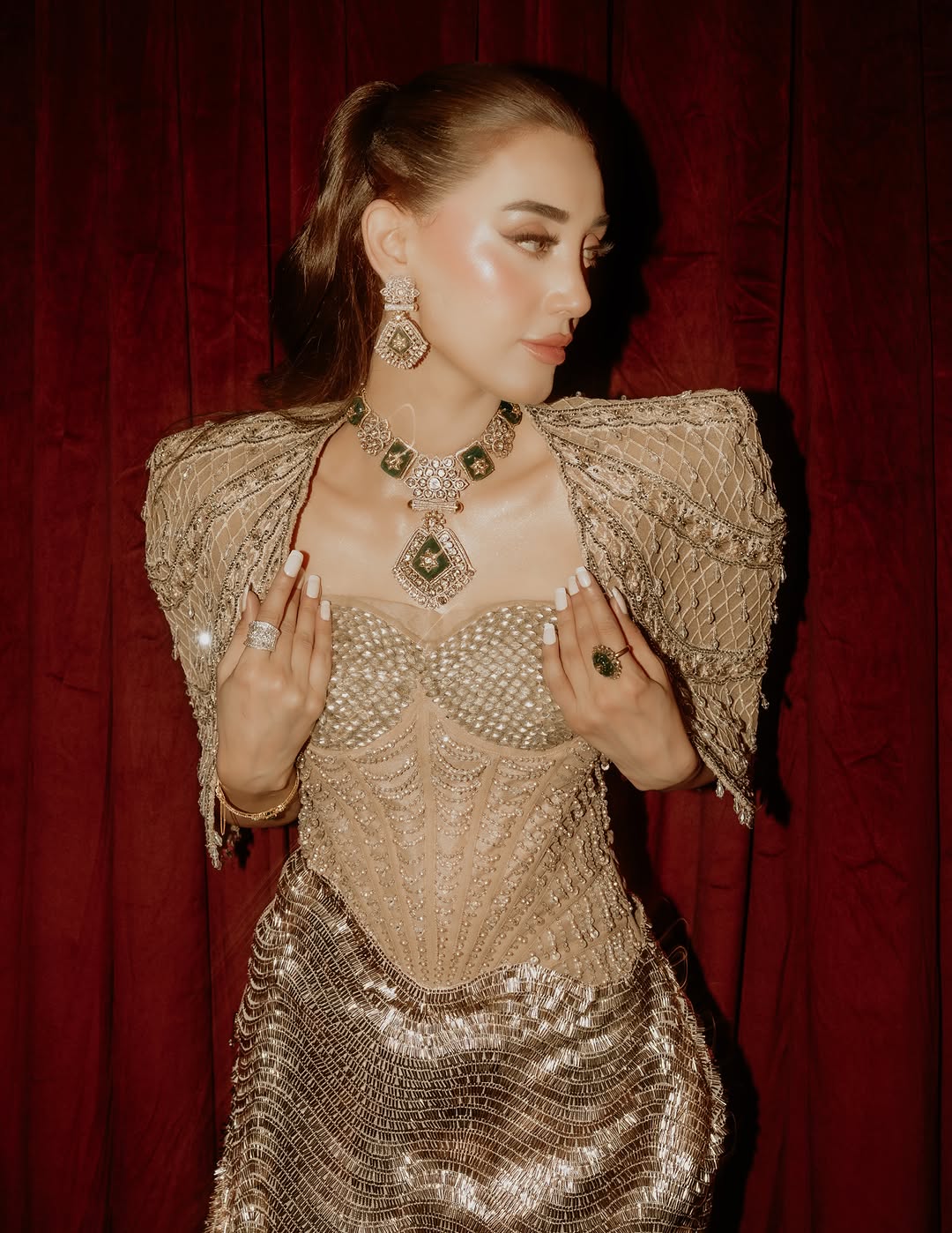 Metallic Gold Sequin Corset Gown with Cape Shrug