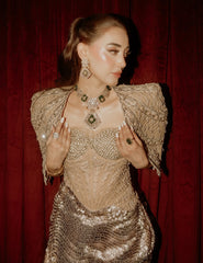 Metallic Gold Sequin Corset Gown with Cape Shrug