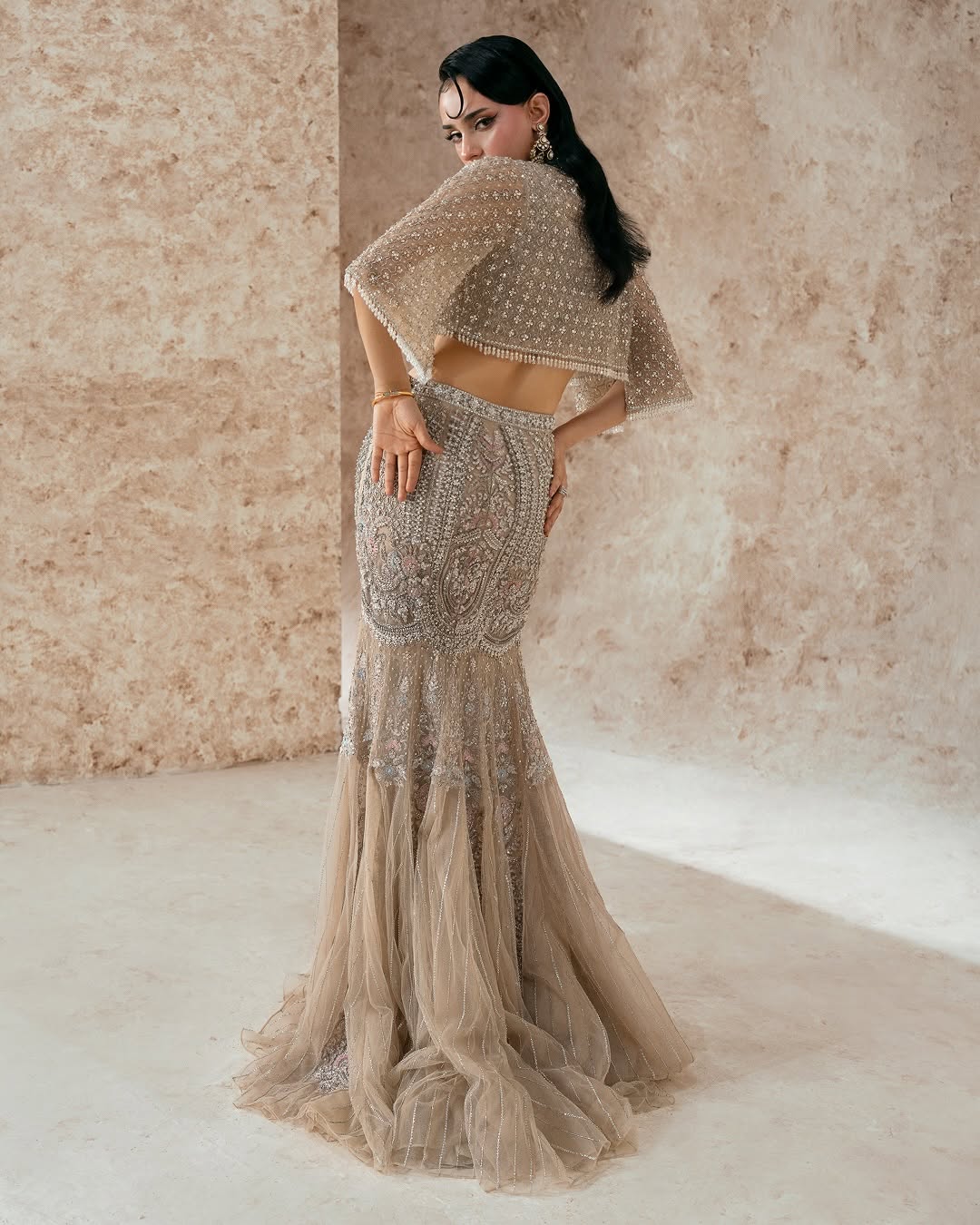 Hand-Embellished Nude Beige Mermaid Lehenga & Crop Top Set with Cape