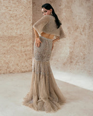 Hand-Embellished Nude Beige Mermaid Lehenga & Crop Top Set with Cape