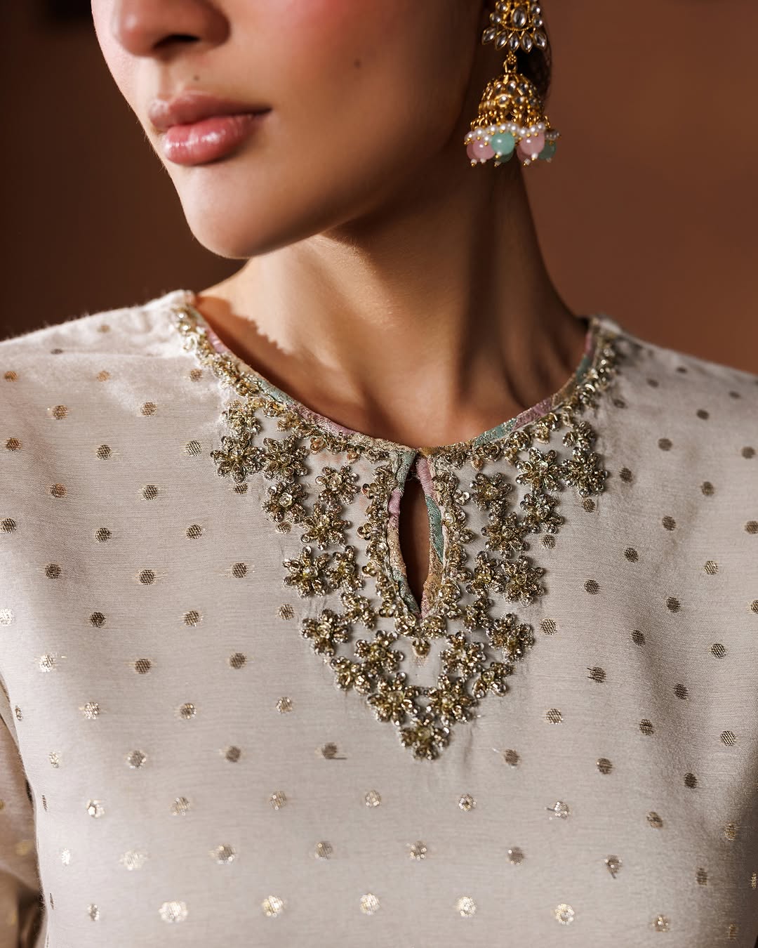 Ivory Zari Banarsi Kurta with Pastel Multi-Panel Kalidar Lehenga & Net Dupatta (3-Piece Luxury Festive Set)