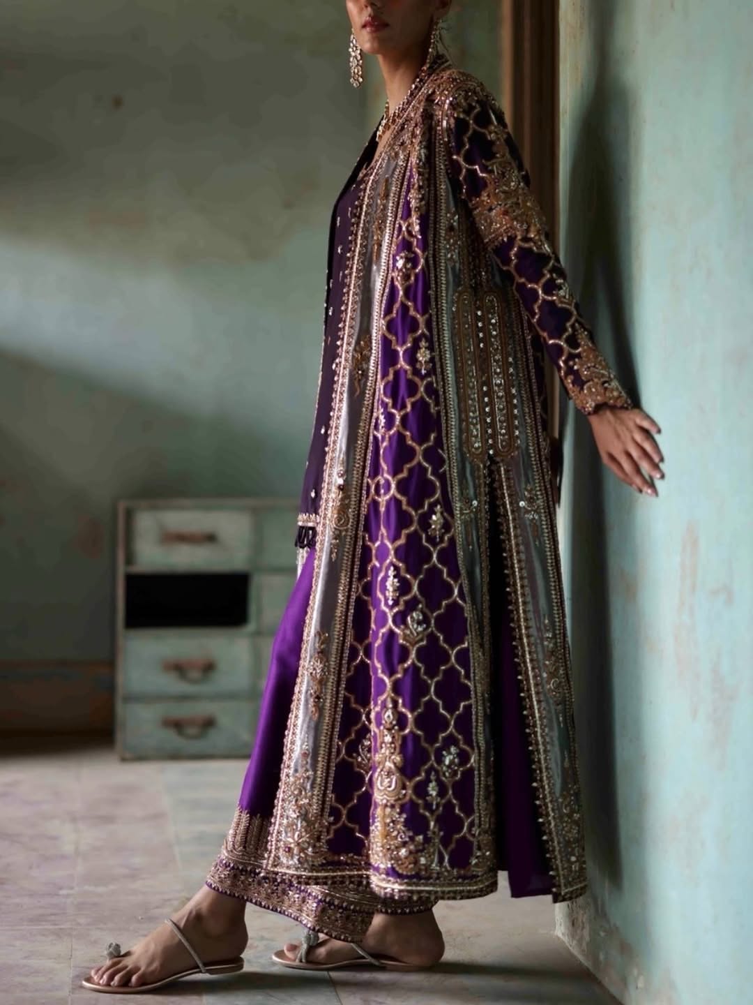 The Royal Aubergine & Silver Tissue 3-Piece Hand-Embellished Angrakha Set