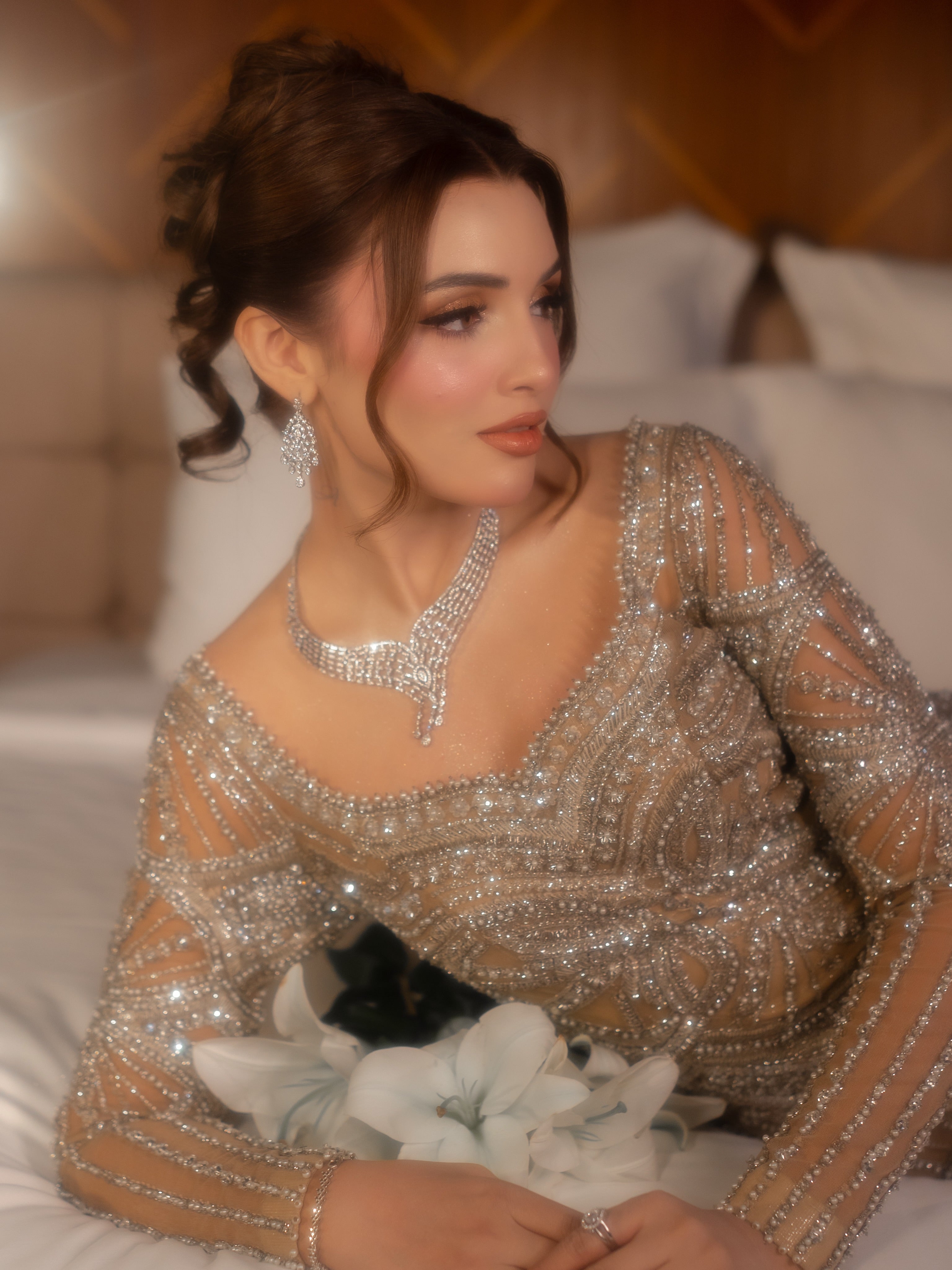 The Celestial Shimmer Gown & Sequin Veil Set – Champagne Gold