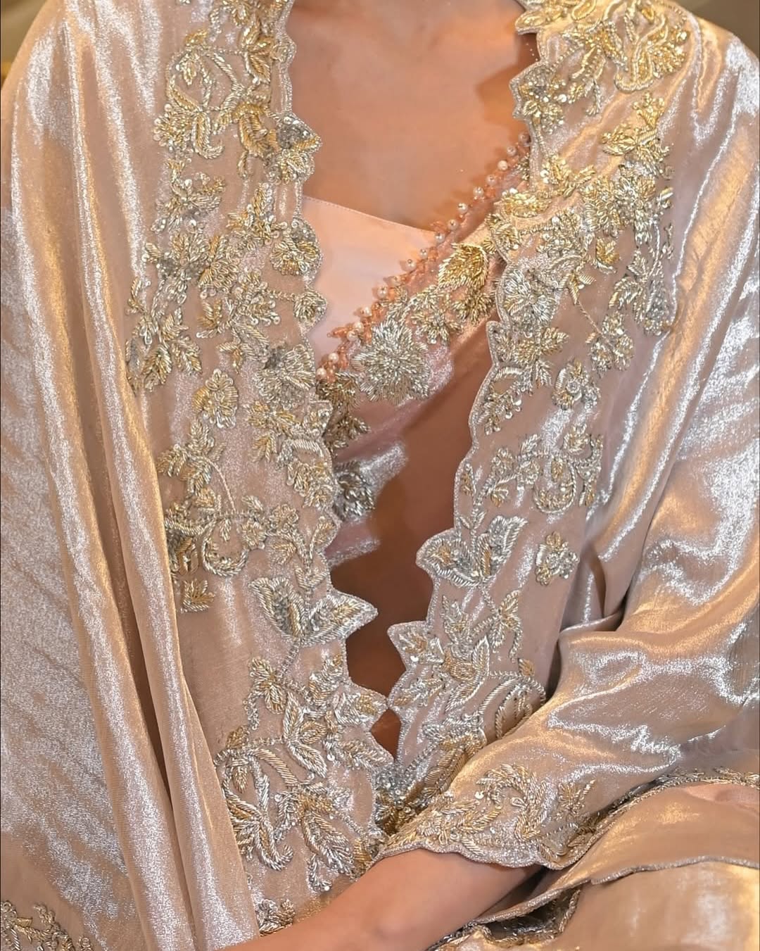 Champagne Tissue Silk Kaftan & Draped Saree Set – Embellished Two-Piece Evening Wear