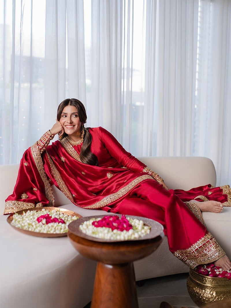 Gul-e-Lal Crimson Raw Silk Kurta Set with Intricate Zardozi & Mirror Work Cuffs