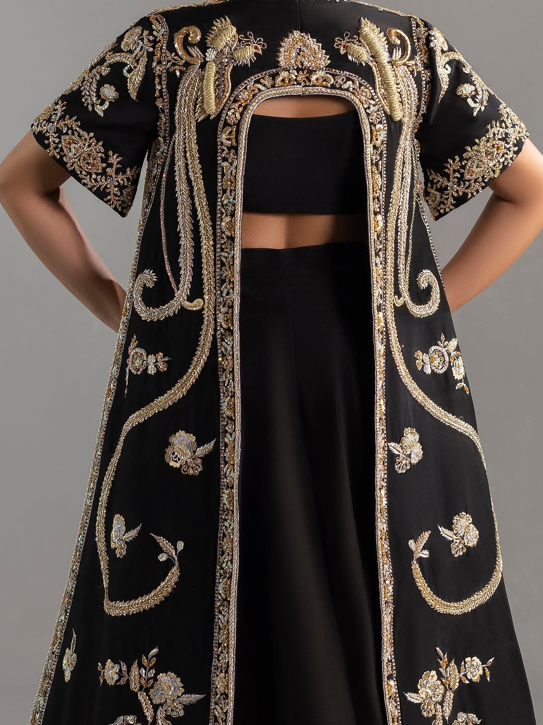 Midnight Black Hand-Embroidered Lehenga Set with Short Jacket
