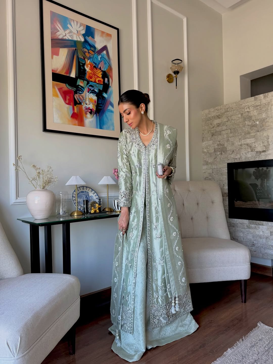 Aira – Mint Green Hand-Embroidered Tissue Formal Set