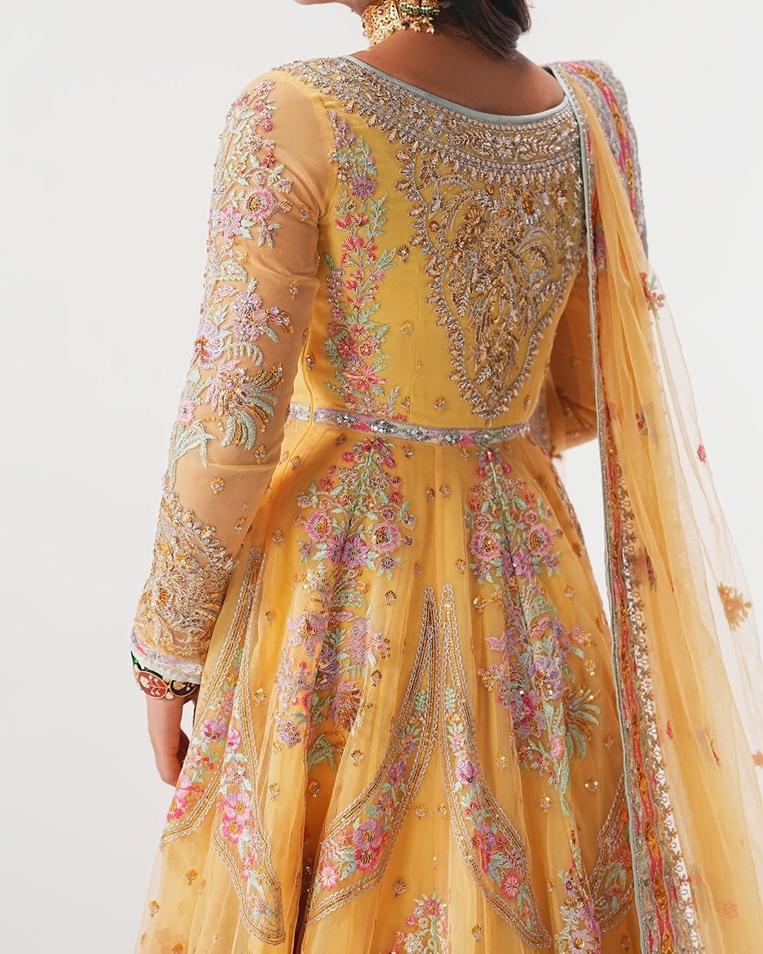 Hand-Embellished Yellow Net Bridal Pishwas & Lehenga Set