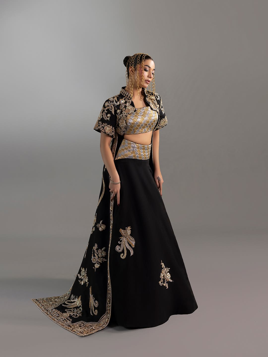 Midnight Black Hand-Embroidered Lehenga Set with Short Jacket