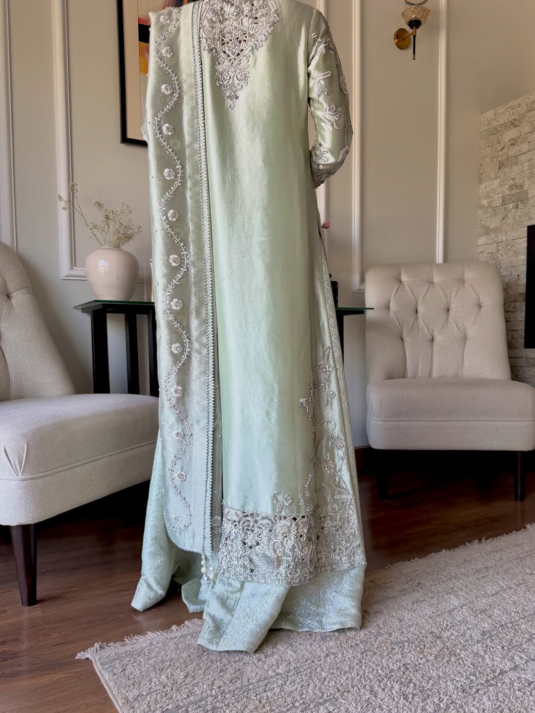 Aira – Mint Green Hand-Embroidered Tissue Formal Set