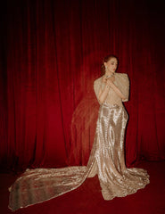 Metallic Gold Sequin Corset Gown with Cape Shrug