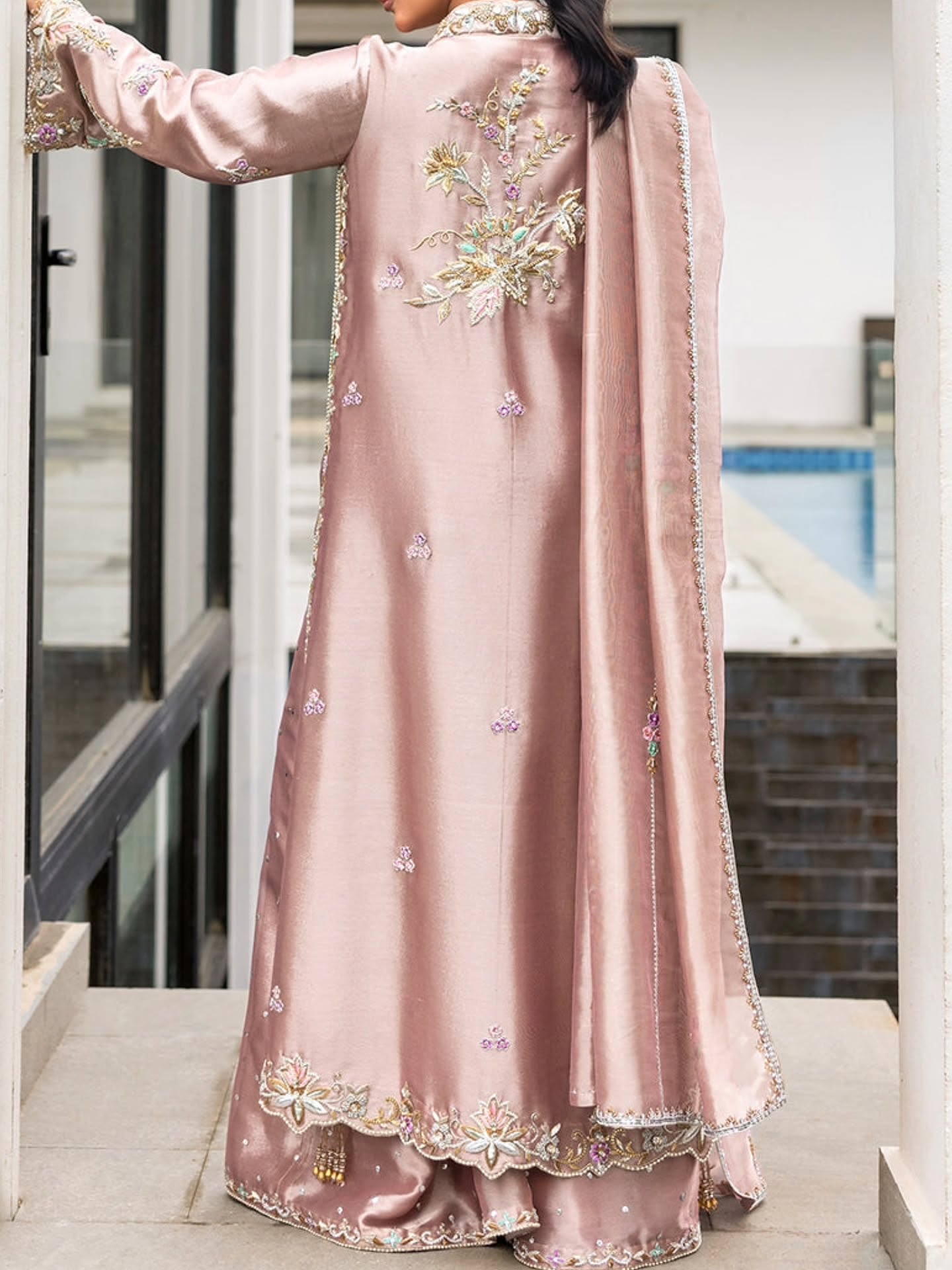 Dusky Rose Hand-Embellished Raw Silk Long Line Kurta Set