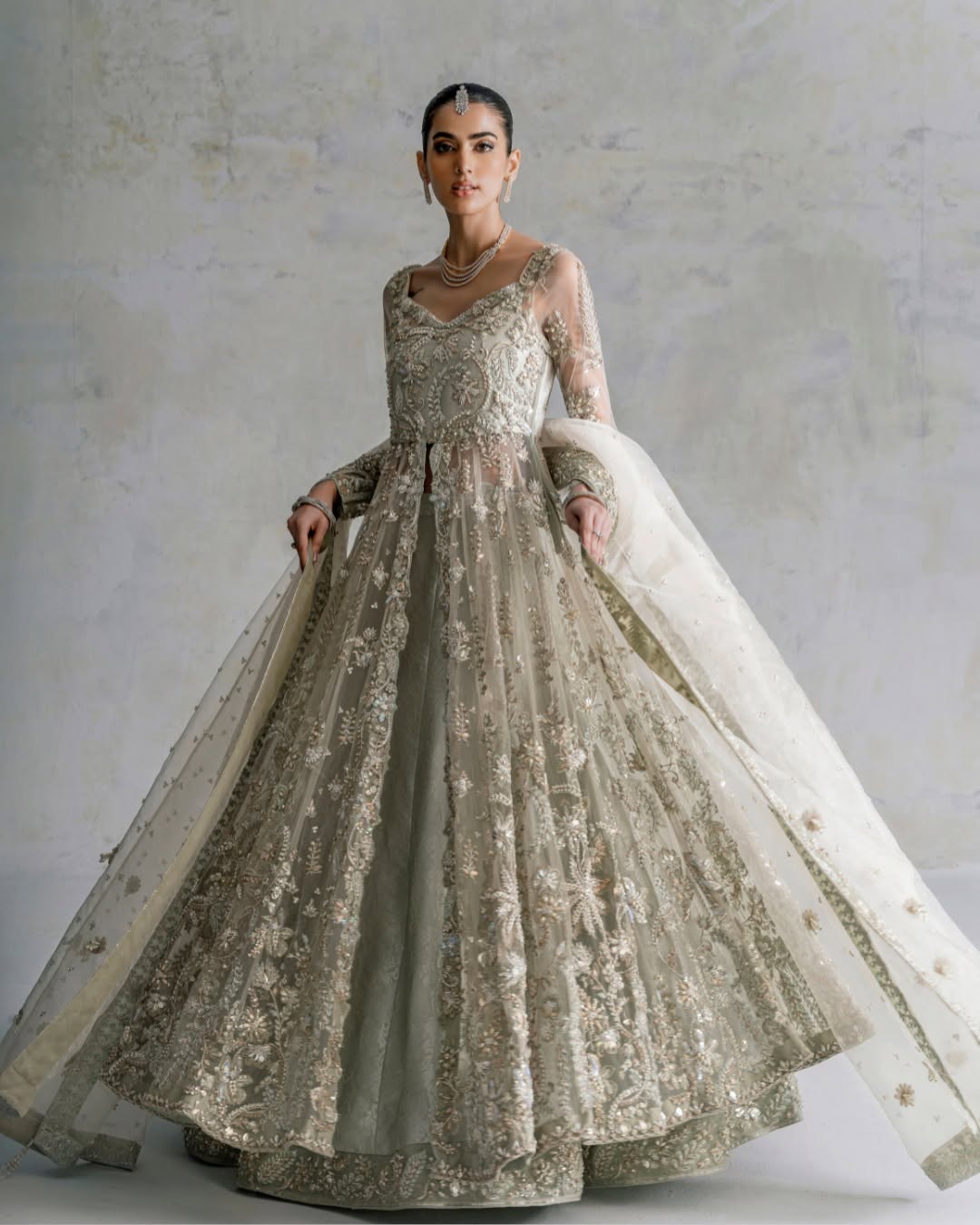 Mint Sage Hand-Embellished Bridal Pishwas Lehenga Set | Royal Bridal Couture
