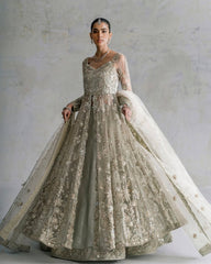 Mint Sage Hand-Embellished Bridal Pishwas Lehenga Set | Royal Bridal Couture