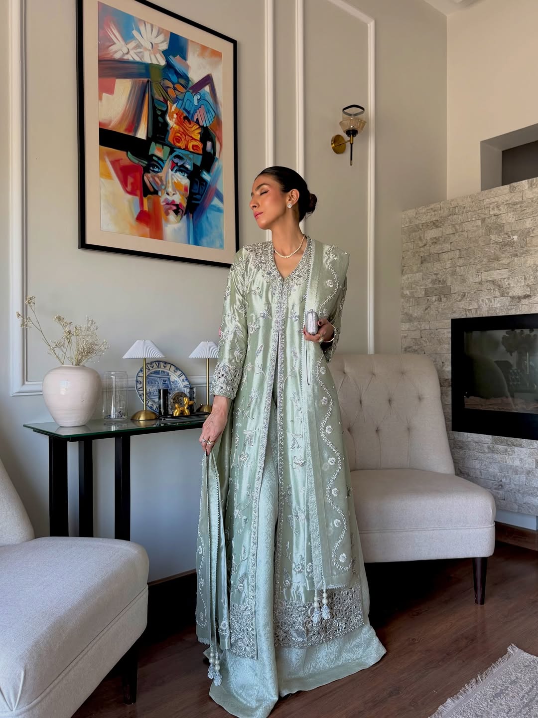 Aira – Mint Green Hand-Embroidered Tissue Formal Set