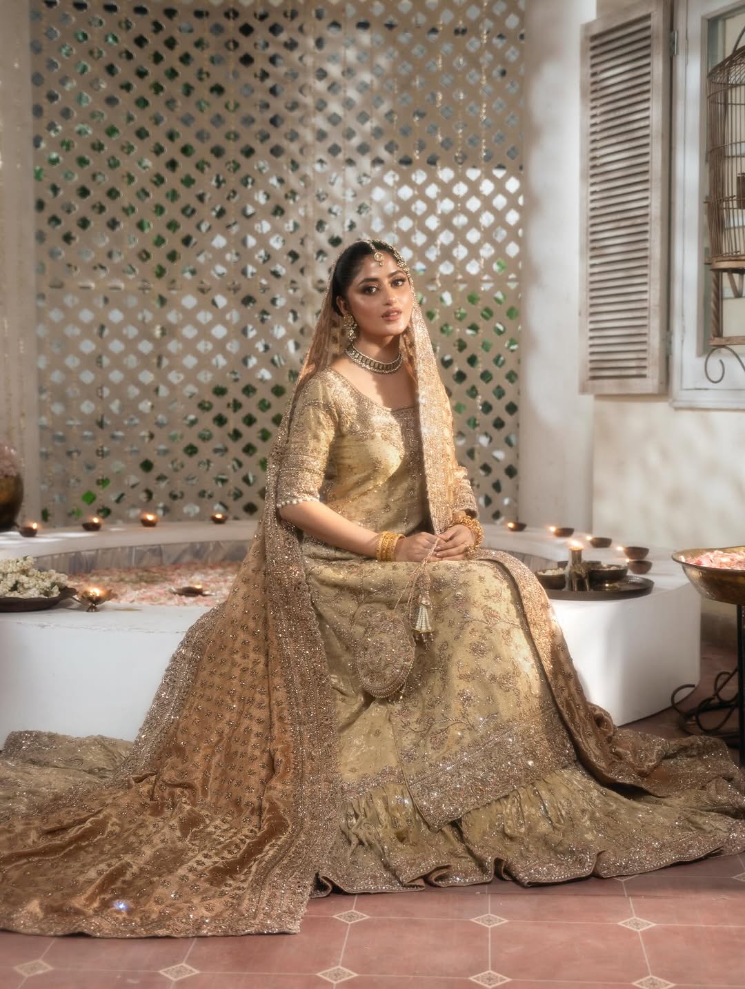 Golden Heavily Embroidered Bridal Lehenga Choli with Dupatta